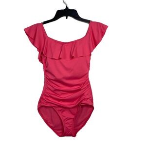 Tommy Bahama One Piece Swimsuit Ruffle Off Shoulder Pink Coral Size 4 UPF 50